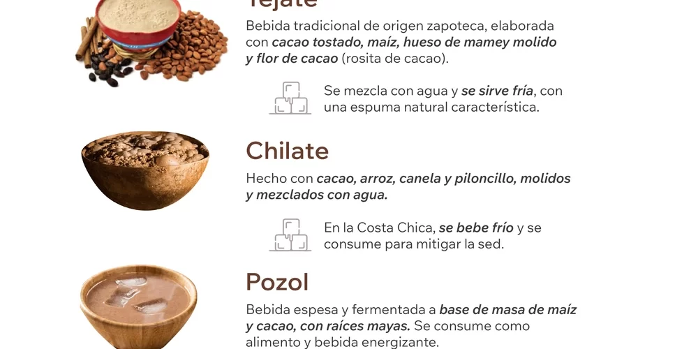 Infografías sobre bebidas tradicionales mexicanas con cacao como tejate, chilate, pozol, chorote, champurrado y tascalate